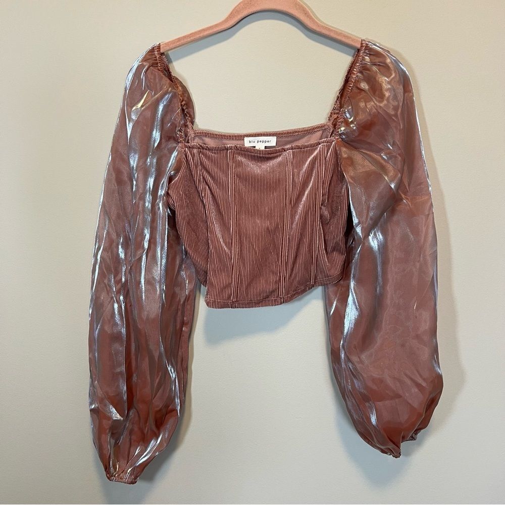 Blu Pepper Women’s Dusty Pink Metallic Puff Sleeve Corset Top Small